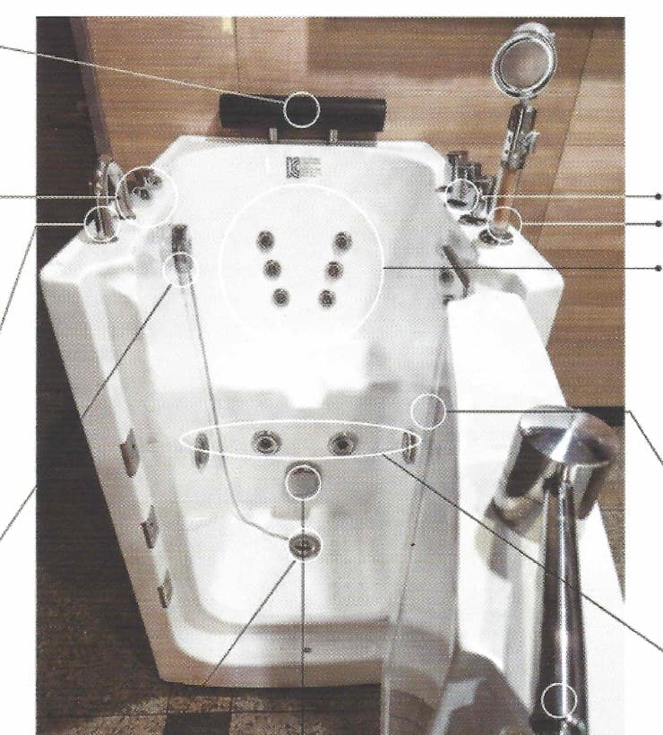 Overhead view of a walk-in bathtub interior and controls
