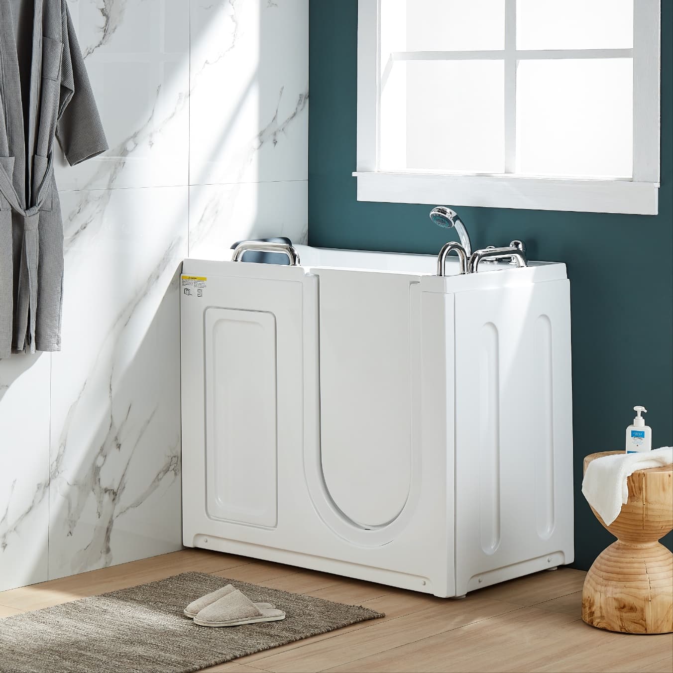 Walk-in bathtub shown in a bathroom setting