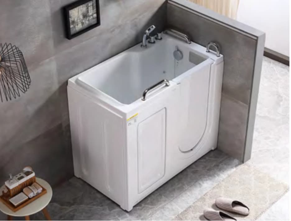 Walk-in bathtub shown in a bathroom setting